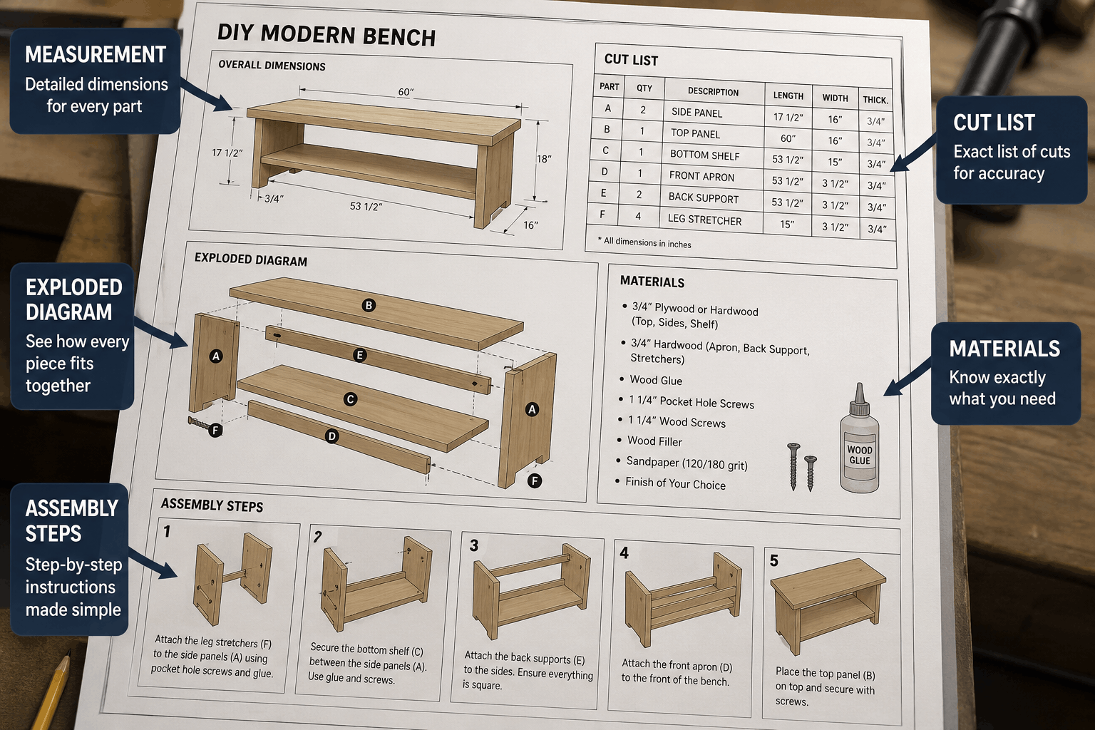 Annotated woodworking blueprint showing measurements, cut list, and assembly steps