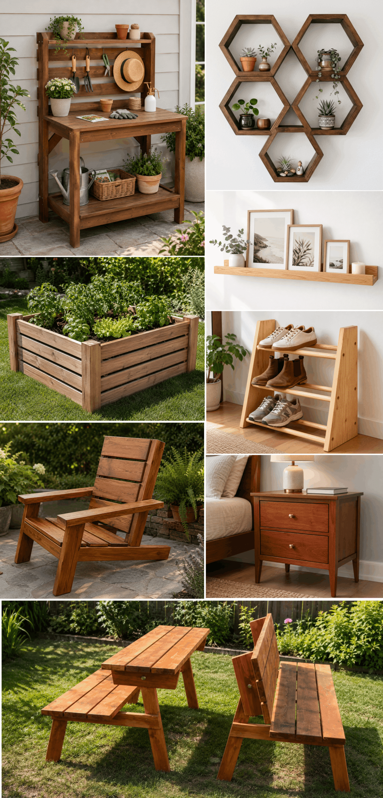 Woodworking projects built from DIY Plan Vault plans — collage of finished builds