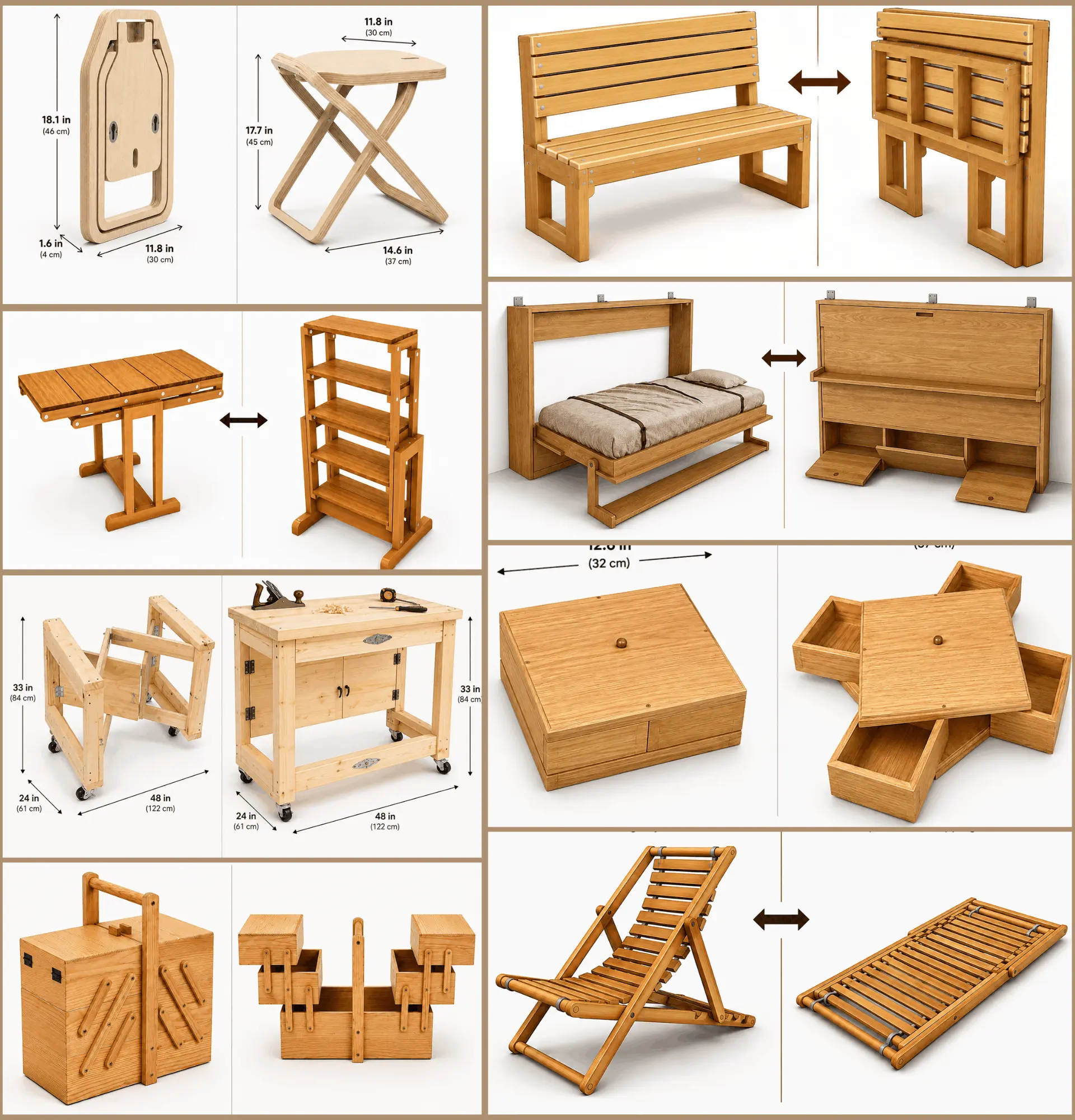 Folding and space-saving woodworking projects — folding stool, bench, workbench, drop-leaf table, murphy bed desk and more